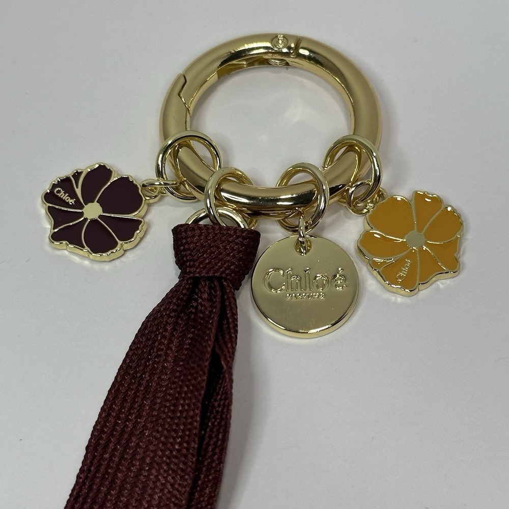 Chloé Parfum Purse Bag Charms Keychain Yellow Burgundy Flower Ribbon Gold